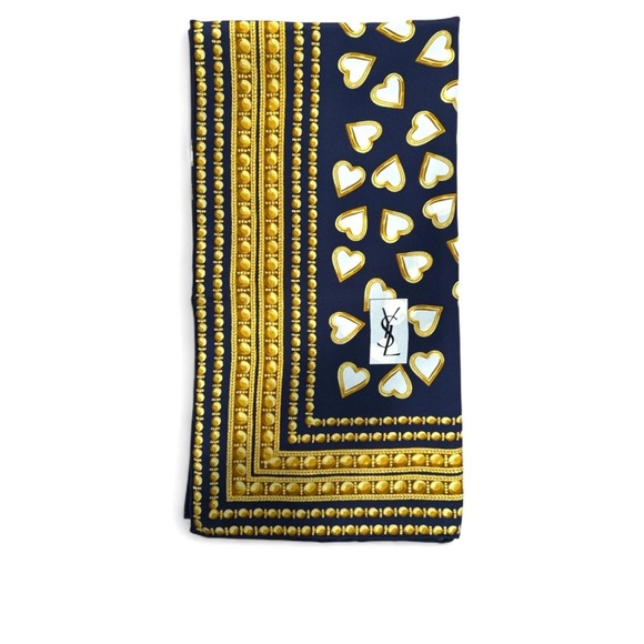 Yves Saint Laurent Accessories - Yves Saint Laurent YSL Vintage Silk Scarf Navy Blue Gold Hearts